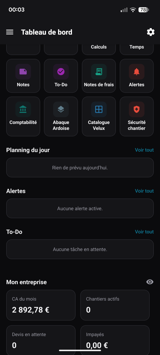 Tableau de bord de l’application Android