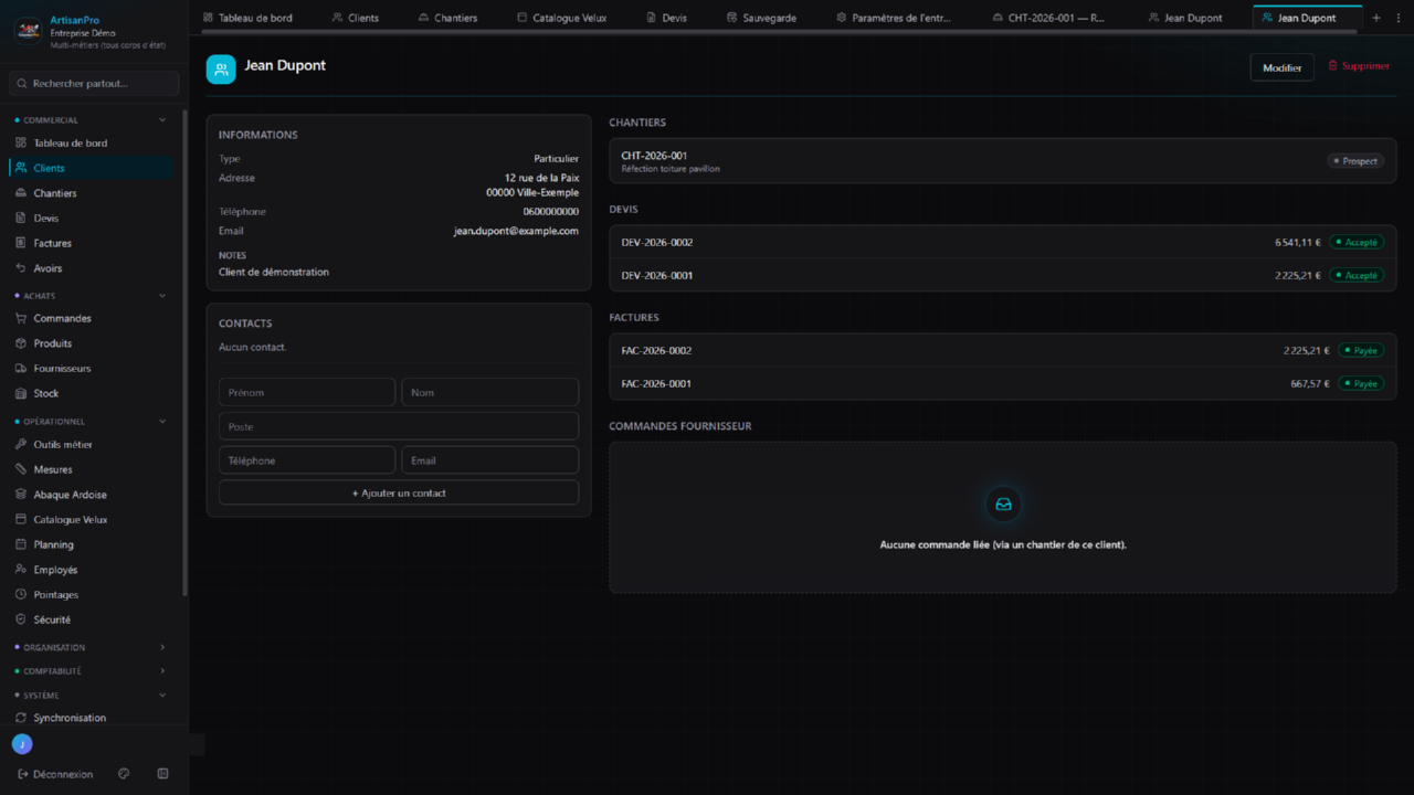 Fiche client du back-office web